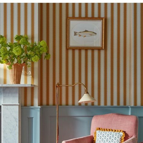 Laura Stephens on Instagram: "Dappled light in the corner of our SE22 project…….  📷 @james_mcdonald_photography" Dusty Pink Scalloped Wall, 2023 Playroom, Rushmore Wallpaper Wes Anderson, Farrow And Ball Closet Stripe Wallpaper, Stripe Wallpaper Nursery, Farrow And Ball Stripe Wallpaper, Estilo Cottage, Laundry Room/mudroom, Basement Family Room