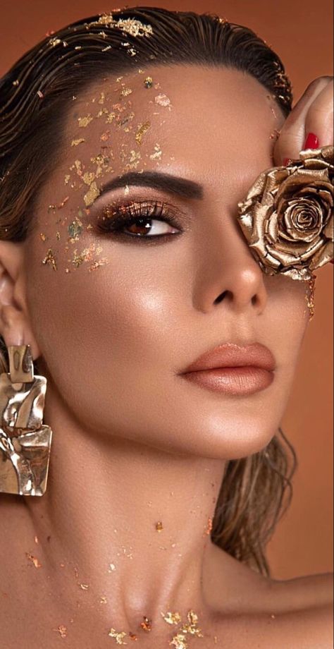 Half Makeup Face, Gold Accent Makeup, Gold Flake Photoshoot, Makeup Shoot Ideas Photoshoot, Avangard Makeup, Glitter Photoshoot Ideas, Goddess Editorial, Gold Leaf Makeup, High Fashion Makeup Editorial