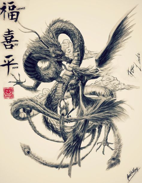 Epic Phoenix and Dragon  Would make a great tattoo Tato Phoenix, Japanese Phoenix Tattoo, Phoenix Dragon, Chinese Dragon Tattoos, Kunst Tattoos, Phoenix Tattoo Design, Japanese Dragon Tattoos, Samurai Artwork, Phoenix Art