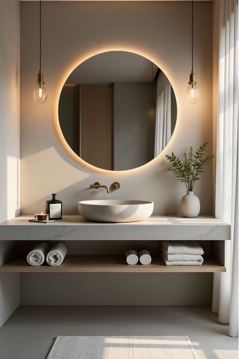 Sleek bathroom vanity with minimalist sink and pendant lights Vanity Sinks For Small Bathrooms, Bath Sink Ideas, Gray Vanity Bathroom, Small Vanity Ideas Bathroom, Double Bathroom Vanity Ideas, Modern Bathroom Vanity Ideas, Wood Vanity Bathroom, Concrete Bathroom Vanity, Bathroom Vanity Trends