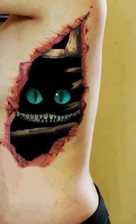 Eye Tattoo Realistic, Tattoo Relationship, Ripped Skin Tattoo, Front Neck Tattoo, Kiss Tattoo, Cheshire Cat Tattoo, Best 3d Tattoos, Kitty Tattoos, Amazing 3d Tattoos