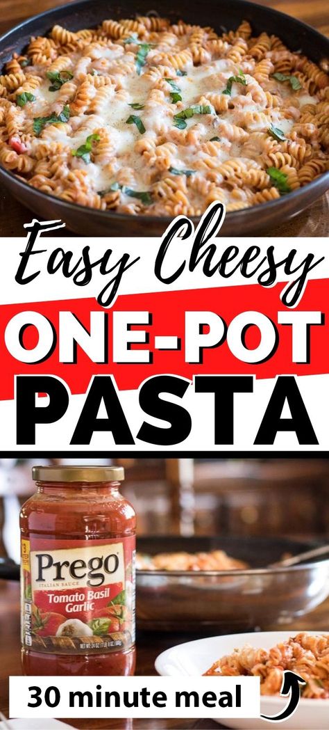 Cheesy One Pot Pasta, Prego Sauce Recipe Dishes, Instant Pot Cheesy Pasta Recipes, Prego Pasta Sauce Recipes, Easy No Meat Pasta Recipes, Pasta In A Pot Recipe, Prego Spaghetti Recipe, 3 Ingredient Pasta, Prego Sauce Recipe