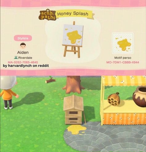 ✨Animal Crossing Patterns ✨ on Instagram: “A cute little honey splatter to put next to your beehive furniture or honey stall! ✨Credit✨ harvardlynch on reddit ✨ Tags ✨ #acnh…” Animal Crossing Furniture, Beehive Furniture, Animal Crossing Patterns, Furniture List, Ac Codes, Acnh Paths, Motif Acnl, Cozy Games, Bee Designs