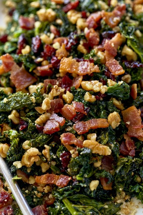 Healthy Sautéed Kale Salad with Bacon, Walnuts and Cranberries - #kale #salad #eatwell101 #recipe - Not only is this kale salad recipe colorful, but it’s flavorful too! - #recipe by #eatwell101 Eatwell101 Recipes, Kale Recipes Healthy, Cranberry Salad Recipes, Sautéed Kale, Kale Salad Recipes, Vegetarian Salad Recipes, Sauteed Kale, Cranberry Salad, Vegan Salad Recipes