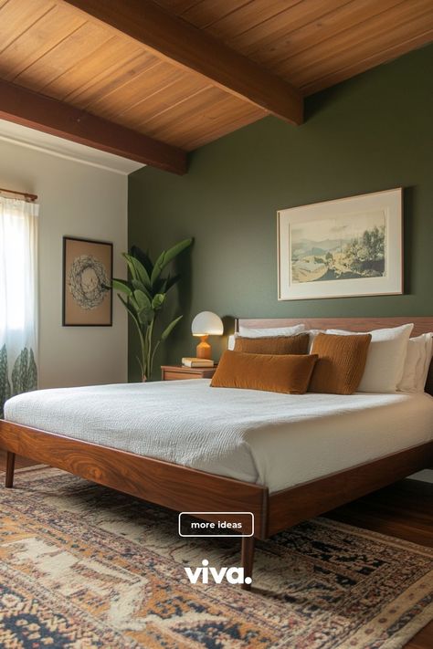 Nature Style Bedroom, Modern Eclectic Bedroom Design, Sage Green Mid Century Modern Bedroom, Mid Century Contemporary Bedroom, Mcm Guest Room, Small Bedroom Ideas Colors, Contemporary Mid Century Modern Bedroom, Mid Century Colours, Modern Cozy Bedroom Ideas