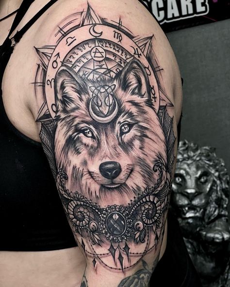 Witchy wolf tattoo gothic tattoo pagan black and grey realism celtic norse Pagan Wolf Tattoo, Wolf Queen Tattoo, Witch And Wolf Tattoo, Gothic Wolf Tattoo, Female Wolf Tattoo, Alpha Female Wolf, Jewlery Tattoo, Druid Tattoo, Female Wolf