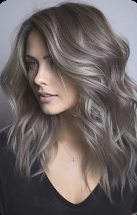 Charcoal And Silver Hair, Brunette With Ash Blonde Balayage, Dark Blonde Silver Hair, Icy Ash Brown Hair, Dark Grey Hair With Highlights, Dark Ash Blonde Hair Formula, Dark Icy Blonde Hair, Balayage Hair Grey Ash Blonde, Iced Coffee Hair Color