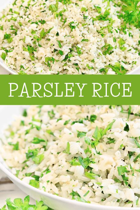 Parsley Rice ~ An easy and versatile side dish made with fresh parsley and garlic butter! Pairs well with a variety of cuisines. via @thiswifecooks Recipes With Parsley, Parsley Rice Recipe, Fresh Parsley Recipes, Parsley Rice, Thanksgiving Recipes Drinks, Jasmine Rice Recipes, Parsley Recipes, White Rice Recipes, Savory Sides