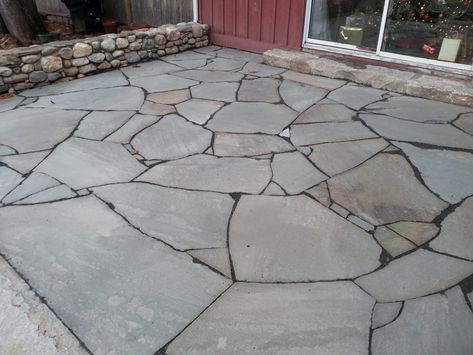 Irregular bluestone patio Irregular Bluestone Patio, Patio Finishes, Flagstone Patios, Forest Landscaping, Deck Landscaping, Yard Remodel, Bluestone Pavers, Old Concrete, Lake Theme