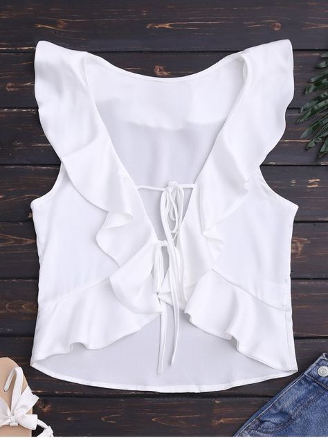 Front Tie Ruffles Cropped Tank Top - WHITE M Fav Outfit, White Singlet, Black Lace Cami, Diy Vetement, Tank Top White, Women Tank Tops, Cute Tank Tops, Lace Tank Top, White Crop