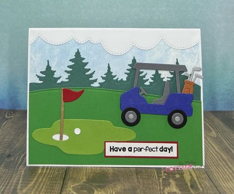 [CottageCutz (dies) Clouds Slimline, Golf Cart, Hills Slimline, Mountain & Trees Slimline, Putting Green] Golf Birthday Cards, Golf Cards, Birthday Card Craft, Golf Theme, Golf Birthday, Boy Cards, Birthday Cards For Men, Easel Cards, Green Cards