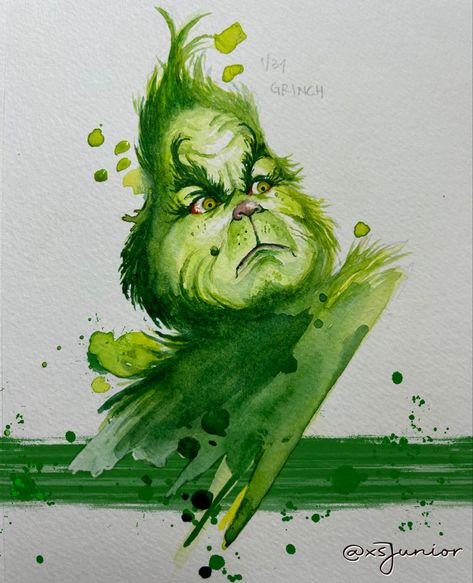 The Grinch Watercolor, Grinch Watercolor Painting, Christmas Drawings Grinch, The Grinch Painting, Grinch Watercolor, Grinch Nails, Grinch Images, Inktober 2023, Christmas Scrapbook