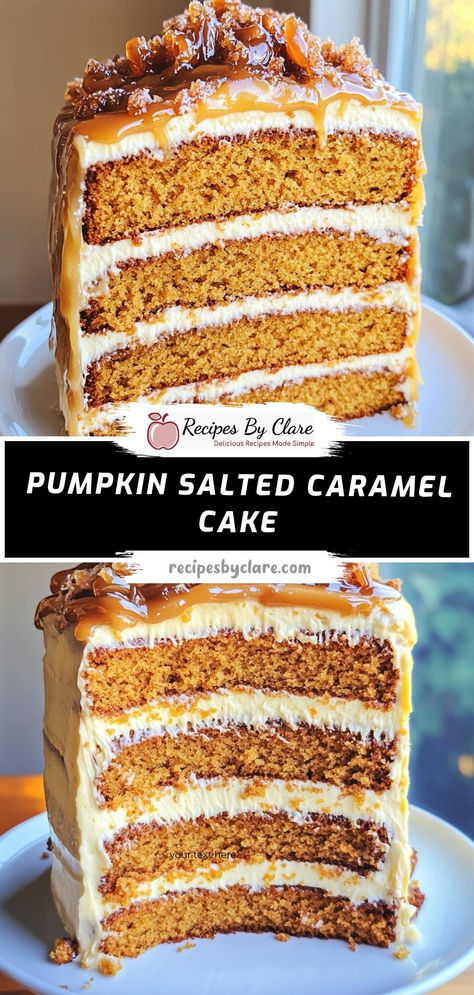 Indulge in this luscious Pumpkin Salted Caramel Cake, perfect for autumn gatherings. Moist pumpkin layers paired with rich, buttery caramel create a dessert that's irresistibly decadent.  Ingredients:  1 cup canned pumpkin puree 1/2 cup unsalted butter, softened 1/2 cup heavy cream 1/2 teaspoon sea salt This cake brings the warm flavors of fall with a luxurious salted caramel finish that will leave everyone asking for seconds. Pumpkin Caramel Layer Cake, Pumpkin Cake With Salted Caramel Frosting, Pumpkin Cake With Caramel Frosting, Salted Caramel Pumpkin Cake, Caramel Pumpkin Cake, Pumpkin Latte Cake, Autumn Cakes Decorating, Salted Caramel Cake Filling, Pumpkin Caramel Cake