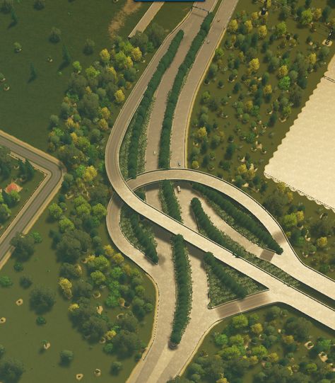 City Development Ideas, Cities Skylines City Entrance, Cities Skylines Intersections, City Skylines Layout Ideas, City Skylines Road Layout, Cities Skylines Interchanges, Cities Skylines Ideas, Cities Skylines Industry Layout, Cities Skylines Road Layout