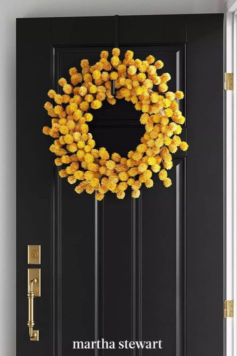 Door Wreath Alternative, Yellow Wreath Front Door, Wreath Alternatives For Front Door, Diy Fall Wreaths For Front Door, Outdoor Wreaths On House, September Decor, Forsythia Wreath, Wreath Alternative, All 4 Seasons