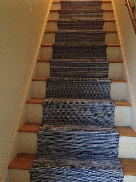 Rug Runner Stairs, Runner Rug Stairs, Runner Stairs, Cut Up Jeans, Rug Stairs, Staircase Runner, Attic Renovation, Quilt Binding, Fabric Glue