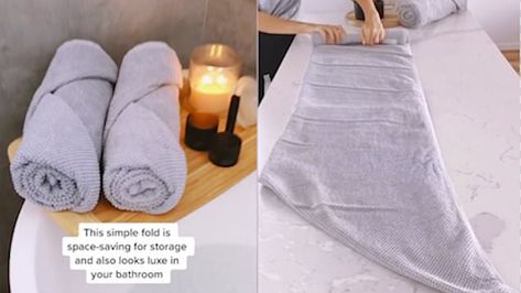 Mother shares a simple hack for folding your towels like they do in five-star hotels Fold Towels Like Hotel, Folding Bath Towels, Hotel At Home, Folding Towels, Hotel Towels, How To Roll Towels, How To Fold Towels, Clothes Organization Diy, Linen Closet Organization