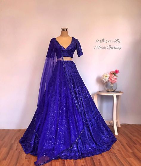 IAG ROYAL BLUE 💙. . . Royal blue lehenga set with complimenting shawl hand embroidered in sequins beads and pearl. #𝐢𝐧𝐬𝐩𝐢𝐫𝐞𝐛𝐲𝐀𝐧𝐭𝐞𝐞𝐆𝐮𝐫𝐮𝐧𝐠… Lehenga Pics, Reception Lengha, Pearl Lehenga, Baby Basinets, Blue Lengha, Royal Blue Lehenga, Latest Lehenga Choli, New Lehenga, Indian Wedding Lehenga