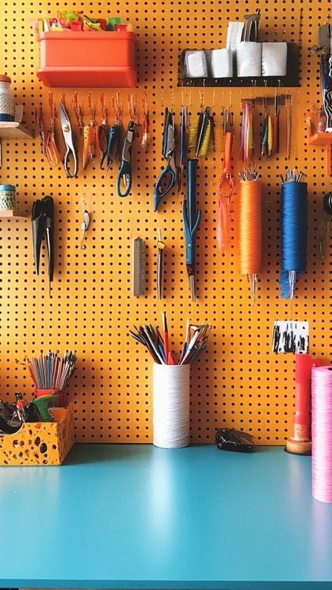 Stay organized in your craft room with this DIY pegboard organizer! Perfect for keeping tools, supplies, and materials in one place, this project adds both style and function to your creative space. Customize your pegboard with hooks, shelves, and bins to make it uniquely yours! 🎨🛠 #DIYPegboard #CraftRoomOrganization #DIYHomeProjects #CreativeStorage Peg Board Organization Crafts, Painted Pegboard Ideas, Art Pegboard, Diy Peg Board, Painted Pegboard, Diy Pegboard, Pegboard Ideas, Desk Calendar Pad, Pegboard Organization