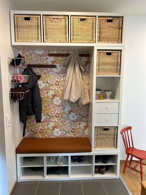 Ikea tips, hacks and more! | After a lot of inspiration in this group; here is my Ikea Kallax hack in our small entrance in our new apartment | Facebook Small Space Ikea Hacks, Small Entrance Storage, Kallax Laundry Hack, Small Cubby Ideas, Landing Stairs Ideas, Hall Ways Ideas, Cubby Ideas, Kallax Hack, Ikea Kallax Hack