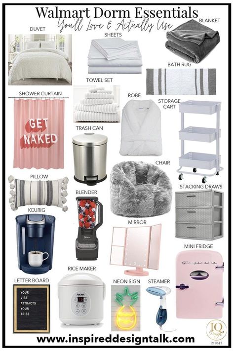 Obsessed with these Walmart dorm room designs for Bella. Love the mini-fridge for her college dorm room. Collage Dorm Essentials, Dorm Decor Ideas, Dorm Room Essentials List, Essentials For College, Dorm Room Checklist, College Bedroom Decor, Dream Dorm Room, Dorm Shopping, Dorm Stuff