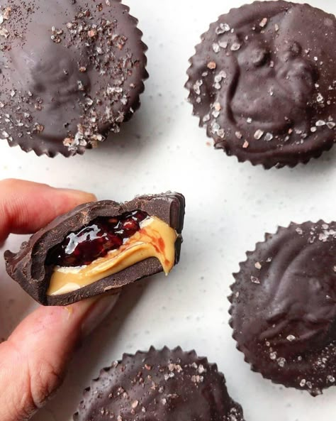 4-Ingredient Chocolate Peanut Butter & Jelly Cups - Nourish & Tempt Jelly Chocolate, Jelly Cups, Healthy Sweet Treats, Vegan Peanut Butter, Peanut Butter And Jelly, Peanut Butter Jelly, Salted Chocolate, Chocolate Cups, Yummy Sweets