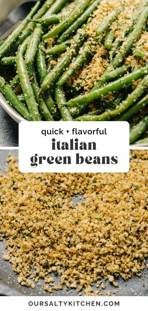 Italian green beans are a bold and flavorful side dish that's ready in just 15 minutes! Sautéed green beans are tossed with buttery toasted breadcrumbs, parmesan cheese, garlic, and lots of seasonings! Toast the breadcrumbs while you steam the beans for a quick & easy recipe perfect for everything from weeknight dishes to holiday meals like Thanksgiving and Christmas. This is a simple and delicious veggie side even your kids will love. #greenbeans #sidedishes #greenbeanrecipes #easyrecipes Savory Green Beans Recipe, Fresh String Bean Recipes, French Cut Green Bean Recipes, Green Beans With Bread Crumbs, Fresh String Beans Recipe, Cut Green Bean Recipes, Italian Green Beans Recipe, Holiday Green Beans, String Bean Recipes