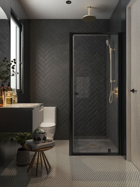 Black En Suite Bathroom, Feature Tile Wall Bathroom, Dark Bathroom Ideas Modern, Honey Bathroom, Small Bathroom Black, Moody Bathroom Design, Renovation Aesthetic, Black Bathroom Tile, Bathroom Rendering