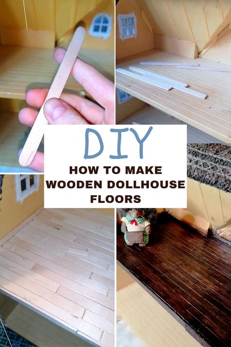 Wooden Barbie Doll Furniture Diy, Unique Dollhouse Ideas, How To Build Dollhouse, Dollhouse Floors Diy, Diy House For Dolls, Popsicle Stick Miniature House, Make Dollhouse Miniatures, Melissa And Doug Dollhouse Remodel, Diy Dollhouse Interior