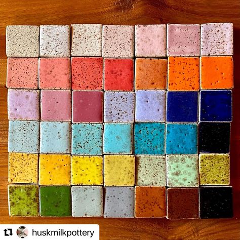 Glaze inspiration 🎨🌈 #Repost @huskmilkpottery ・・・ Color tests on a speckled clay. (Porcelain is next.) I haven’t used much color because the dark brown clay I use kills most colors, but I think the direction my work is headed in screams for color. It opens up a whole new world full of possibilities. I’ll be decorating the first set of pots today and, as usual, I can’t wait to see how they turn out. I loathe standing test tiles, so I snatched the idea for small squares from @lizcohenceram... Glaze Inspiration, Speckled Clay, Brown Clay, Color Test, Whole New World, A Whole New World, New World, The Darkest, Dark Brown