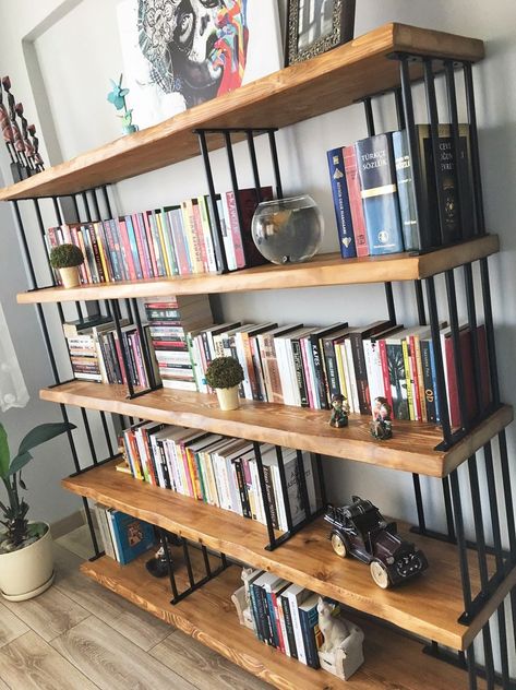 Iron Shelves, Solid Wood Bookshelf, Dining Room Shelves, Wood Bookshelf, Large Bookcase, Metal Bookshelf, Low Bookcase, Sofa Wall, Live Edge Coffee Table