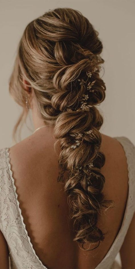 35 Enchanting Hairstyles for a Fairytale Wedding : Dreamy Messy Braids Fairytail Wedding Hairstyles, Loose Plait Wedding Hair, Messy Ponytail For Wedding, Thick Wedding Braid, Wedding Hairstyles For Bride Braid, Fairytale Hairstyles Half Up, Fantasy Wedding Hairstyles, Brides Updo Hairstyles, Bridal Braids For Long Hair