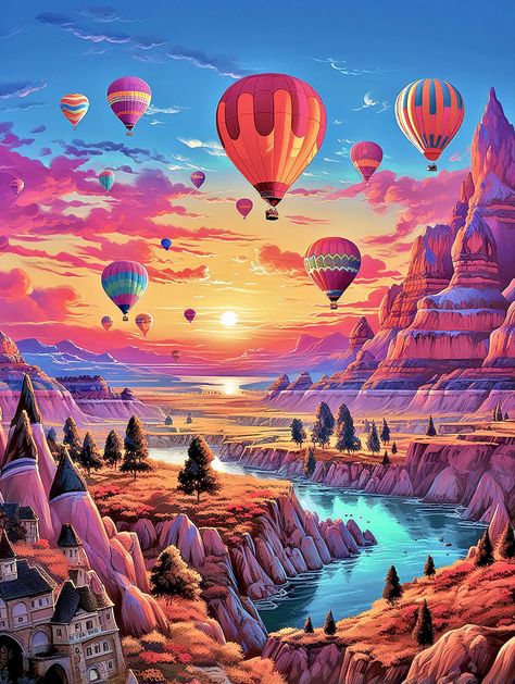 Red and pink sunset illustration of this beautiful landscape of Cappadocia in Turkey, with hot airs ballons in the air Sunset Illustration, Air Ballons, Floating Balloons, Cappadocia Turkey, Pink Sunset, Hot Air Balloons, Air Balloons, Hot Air, Balloons