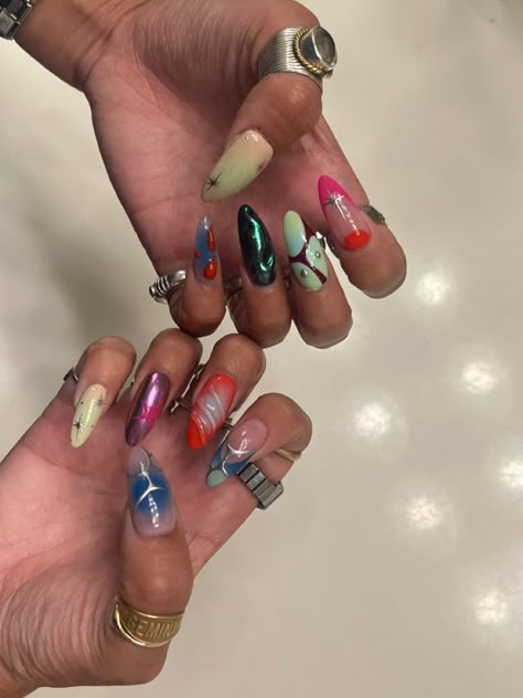 Eclectic Acrylic Nails, Tokyo Nails Street Styles, Maximalist Nail Design, Mismatched Nail Designs, Mismatched Nails Summer, Chaos Nails, Mismatch Nail Designs, Colorful Abstract Nails, Short Maximalist Nails