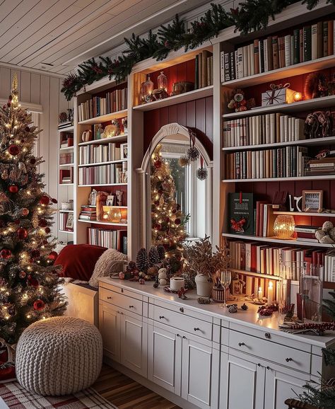 Bookshelves Christmas Decor, Christmas Bookshelf Decorating Ideas, Bookcase Christmas Decor, Christmas Bookcase Decor, Christmas Basement, Christmas Bookshelf Decor, Christmas Bookshelf, Cozy Reading Chair, Home Library Rooms