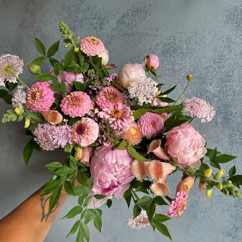 Niki Irving | Flourish | Summer elopement bouquet with peonies (from cooler storage), Oklahoma pink zinnia, didiscus, nandina & camellia foliage, rose forget me… | Instagram Peach Foxglove, Bouquet With Peonies, Zinnia Bouquet, Cooler Storage, Elopement Bouquet, Pink Zinnia, Summer Elopement, Forget Me Nots, Dalmatian