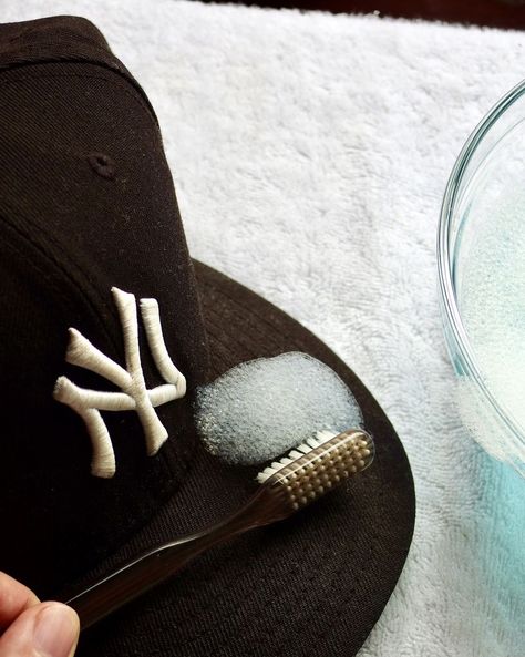 How to Wash a Baseball Cap and Not Ruin Its Shape How To Wash Ball Caps, Clean Hats Baseball Caps, Hat Cleaning, Oxygen Bleach, Wash Baseball Cap, Different Hats, Weird Shapes, Soft Bristle Brush, Cotton Towels