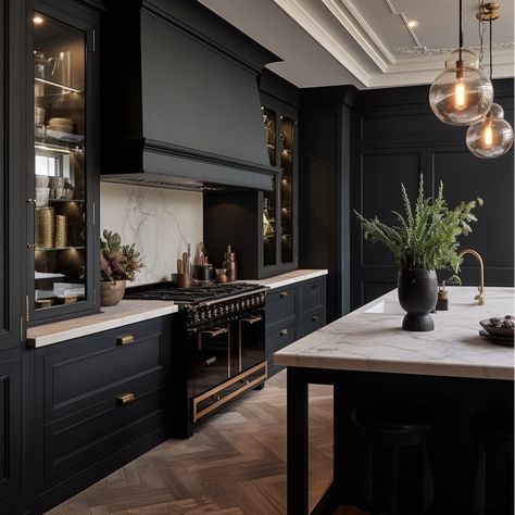 25 Black Kitchen Cabinets Ideas You'll Love Black Kitchen With Brick Backsplash, Black Kitchen Cabinets With Brick Wall, Dark Kitchen Hood, Handles For Black Kitchen Cabinets, Black Kitchen Remodel Ideas, Rock Bottom Kitchen Cabinets, Dark Transitional Kitchen, Bm Iron Mountain Cabinets, Black Kitchen Cabinets Gold Handles