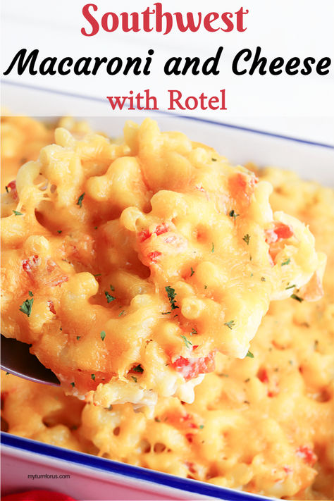 When American comfort food gets a Southwestern spin, you get this scrumptious Mac n Cheese with Rotel! This recipe guarantees a drool-worthy dish that's creamy, cheesy and packs a little kick of spice. Perfect as a side or main dish, this crowd-pleaser will surely be a hit at your next BBQ or potluck dinner. Click now and discover the magic of Rotel and how it transforms a classic mac n cheese dish!  #RotelMacaroniAndCheese #MacNCheeseWithRotel #RotelMacAndCheese #VelveetaRotelMacAndCheese #myturnforus #SouthwesternMacNCheese Mac And Cheese With Rotel Tomatoes, Velveeta Macaroni And Cheese, Velveeta Rotel, Recipes With Velveeta Cheese, Velveeta Mac And Cheese, Easy Mac N Cheese Recipe, Spicy Mac And Cheese, Rotel Recipes, Macaroni Casserole