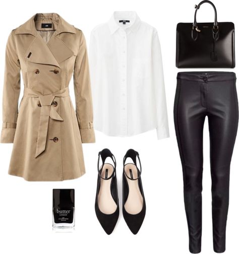 Spring-appropriate office attire: Chic flats, a sultry black nail, faux leather bottoms, a statement button down and flawless trench. 50 Degree Weather Outfit Spring, 50 Degree Weather Outfit, Denver Vacation, Always Has Been, College Days, Chic Flats, Smarty Pants, Snow Days, Black Nail