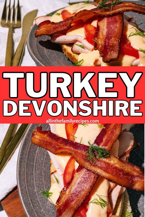 This Turkey Devonshire Sandwich recipe is a Pittsburgh classic recipe. It's one of the best comfort food dinner ideas! It's a hot, cheesy, open-faced sandwich made with turkey, fresh tomato, crispy bacon, and smothered in creamy cheese sauce, similiar to a Kentucky Hot Brown sandwich. It's perfect for using up any turkey dinner leftovers. Turkey Devonshire Recipe, Comfort Food Dinner Ideas, Hot Brown Sandwich, Kentucky Hot Brown Sandwich, Food Dinner Ideas, Brown Sandwich, Kentucky Hot Brown, Cheddar Cheese Sauce, Dinner Leftovers