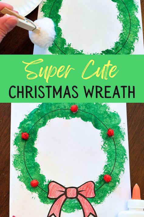 free printable Christmas wreath craft for kids Christmas Wreath Toddler Craft, Christmas Party Crafts For Preschoolers, Advent Wreath Preschool, Wreath Activities For Preschool, Christmas Wreath Art Projects For Kids, Preschool Present Craft, December Craft Preschool, Fingerprint Wreath Craft, Wreath Art Projects For Kids