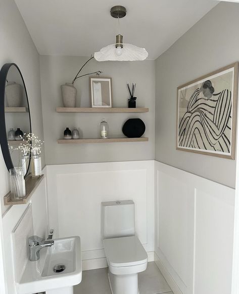 Small Toilet Decor, Downstairs Toilet Ideas, Small Half Bathroom, Small Downstairs Toilet, Shelves Above Toilet, Downstairs Wc, Half Bathroom Decor, Toilet Ideas, Toilet Room Decor