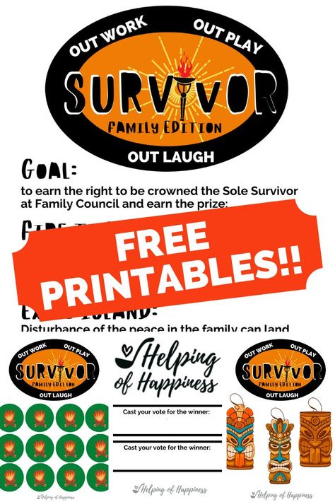 We are huge fans of the TV show Survivor on CBS. We have had such a fun time recreating this show as a game for our family during quarantine. It has reduced the fighting, complaining and whining and brought about more service, a cleaner house and closer sibling relationships- maybe the complete opposite of the show. We hope you enjoy these free party printables and will let us know who the sole survivor is in your family! Survivor Party Games, Survivor Crafts, Survivor Theme, Homemaking Hacks, Survivor Show, Jeff Probst, Survivor Games, Survivor Party, Sole Survivor