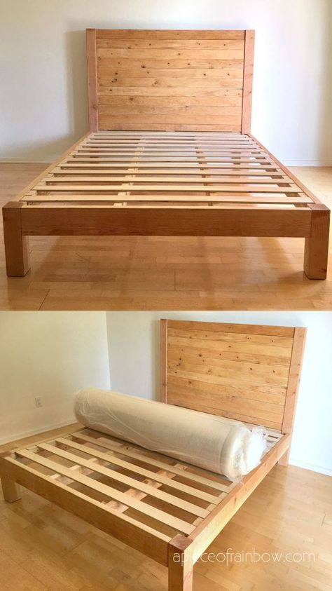 How to build beautiful $100 easy DIY bed frame & wood headboard with natural finishes & $1500 look! Best tips & free plan for king, queen & full bedframes! - A Piece of Rainbow #diybeds #diybed #bedroom #bed #diy #furniture #woodworkingprojects woodworking plans, #apieceofrainbow #diy #homedecor #hacks bedroom ideas, #farmhouse farmhouse decor, west elm, pottery barn, anthropologie Diy Bed Frame Plans, Diy King Bed, Diy King Bed Frame, Diy Bed Frame Easy, Wood Bed Frame Diy, Bed Frame Wood, Bed Frame Plans, Diy Platform Bed, Hidden Truth