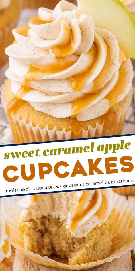 These caramel apple cupcakes are the perfect blend of fluffy, soft, and moist. Studded with diced apples and topped with a generous swirl of caramel cinnamon buttercream frosting, they taste like a sweet caramel apple, and are perfect for the Fall season! Cinnamon Buttercream Frosting, Caramel Apple Cupcakes, Apple Treats, Cinnamon Buttercream, Amazing Cupcakes, Delicious Cupcakes Recipes, The Chunky Chef, Pastries Recipes, Heavenly Recipes