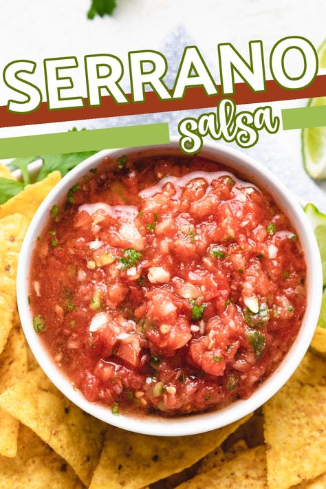 Top down view of a bowl of salsa. Sereno Pepper Recipes, Seranno Pepper Salsa, Uses For Salsa, Hot Pepper Salsa Recipe, Salsa With Serrano Peppers, Serrano Peppers Recipes, Serrano Pepper Recipes Dishes, Recipes With Serrano Peppers, What To Do With Serrano Peppers