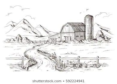 Farm Drawing, Road Drawing, Landscape Field, Village Drawing, Mountain Sketch, Cityscape Drawing, Scene Tattoo, Barn Wall Art, Field House