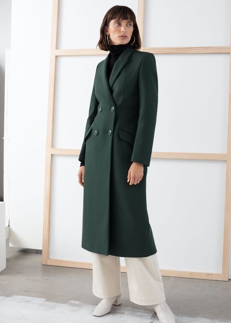 & Other Stories Double Breasted Tailored Coat $279 Long Coat Jacket, Trouser Outfits, Tailored Coat, Paris Outfits, Green Coat, Coat Women, Double Breasted Coat, Fashion Story, Coat Fashion