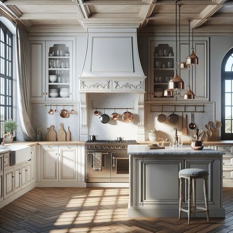 The kitchen should contain key elements that are representative of this kind of interior design. Features should include white cabinetry with some ornate detailing, a marble countertop with a farmhouse sink, a vintage-looking range hood, and a large wooden kitchen island. The walls should be adorned with traditional French kitchen decors like hanging copper pots and pans. Windows with elegant draperies and natural light illuminating the space should complement the overall ambiance. Kitchen Old Money, White Victorian Kitchen, Classic Kitchen Design Ideas, Classic Kitchen Design, White Victorian, Victorian Kitchen, Kitchen Interiors, Classic Kitchen, Classic Kitchens